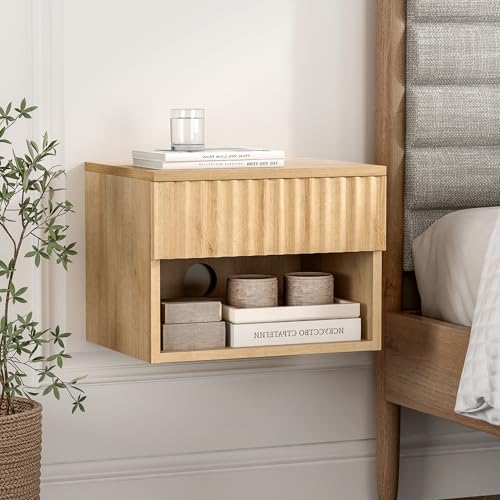 Floating nightstand Set of 4，Modern Fluted Bedside Tables with Drawer & Open Shelf Oak