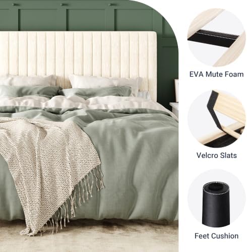 Allewie Full Bed Frame, Upholstered Platform Bed with Adjustable Vertical Channel Tufted Headboard, Mattress Foundation with Strong Wooden Slats, Box Spring Optional, Easy Assembly, Cream White