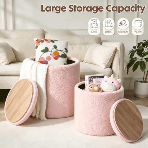 YYW HOME Sherpa Round Ottoman with Storage Set of 2 Pink