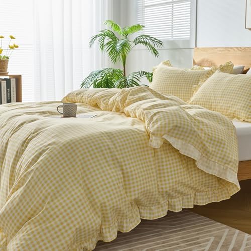 Gingham Duvet Cover Full Size, 3 Pieces Soft Breathable Microfiber Plaid Duvet Cover with Zipper Closure & 2 Pillow Shams, Ruffle Farmhouse Vintage Decor, Yellow