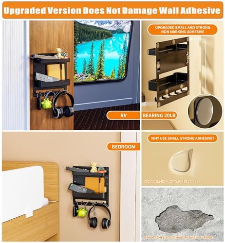 SuoXing Bedside Shelf Wall Mount and Wall Nightstand for Bedroom,Rv,Dorm Room,Bedside Wall Organizer for Phone Holder,Wall Mount Shelf Organizer for Charging Station and Remote Control Holder,Black