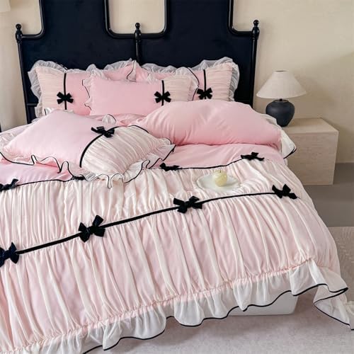 Ruffle Beddding Set with Bowtie,Chic Lace Bedding,Girls Twin Aesthetic Comforter Cover Set,Romantic French Princess Style Ruffled Duvet Cover with Lovely Bow with Zipper Closure