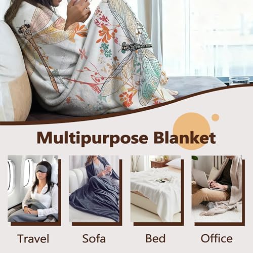 Fall Throw Blanket,Watercolor Dragonfly Throw Blanket for Couch Home Decor,Coloful Flowers Soft Plush Travel Blanket Lightweight,Cozy Throws for Couch,Bed,Naps,Reading60 X 80 Inch