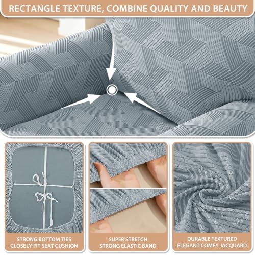 ZNSAYOTX 4 Piece Stretch X-Large Couch Covers (92"-112") New-Rectangle Texture, Thick Sofa Covers for 3 Cushion Oversized Couch Universal Sofa Slip Cover with Elastic Bottom & Buckle, Light Grey