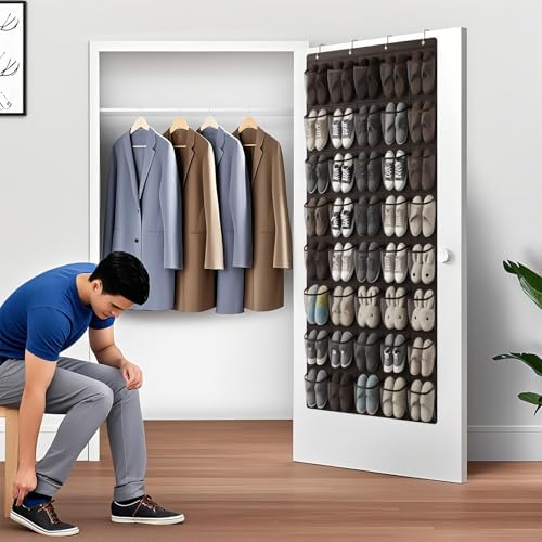 40-Pocket Over the Door Shoe Organizer - Large Mesh Pocket Hanging Shoe Organizer,Behind the Door Shoes Storage Holder Hanger (Coffee color)