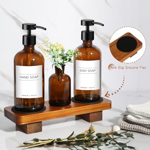 KASUNTING Amber Glass Soap Dispenser with Upgraded Flat Pump, Dish Soap Dispenser for Kitchen, Hand Soap Dispenser for Bathroom, Decorative Vase & Wood Riser Bathroom Decor(Amber02)