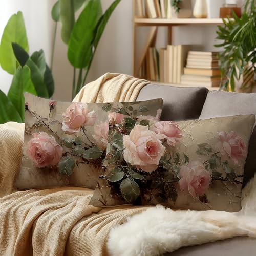 Vintage Pink Rose Floral Rectangle Pillow Throw Cover 20x12 Decor, Shabby Chic Rustic Cottagecore Decorative Throw Pillow Covers Double-Sided Set of 2