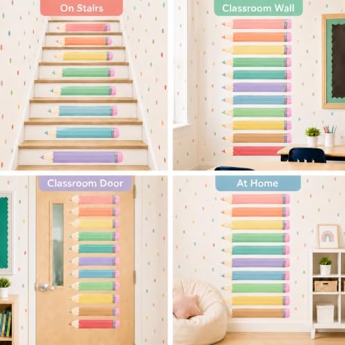 Cinrobiye 12 Pcs Pastel Pencil Classroom Stair Decals, Wall Stickers for Back to School Decor, Teacher Classroom Decorations for Kindergarten, Nursery, Door, Wall, Bulletin Board and Learning Spaces