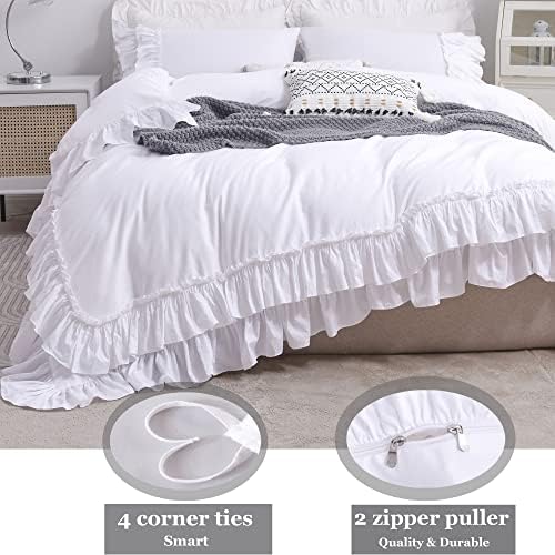 Ruffle White Duvet Cover Queen Size -Washed Cotton Shabby Farmhouse Ruffled Bedding Comforter Cover 3 pcs Aesthetic French Country Queen Duvet Cover Cotton Extra Soft and Breathable