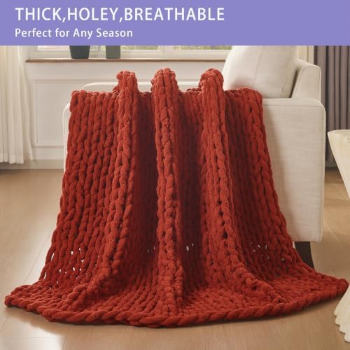 Bigacogo Chunky Knit Throw Blanket for Couch, 40x40 inches, Rust Red