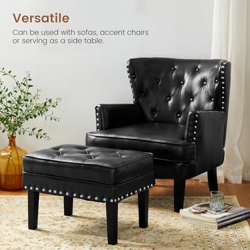 Glitzhome Faux Leather Foot Stool, Mid Century Modern Foot Stools Ottoman, Vintage Ottoman Tufted Square Vanity Seat, Black