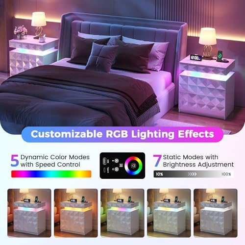 Dystler LED Night Stand Set 2 with Charging Station, Lockable Hidden Drawer