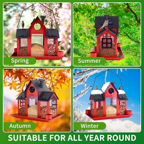 Solar Bird Feeders House for Outside Hanging, Metal Wild Bird Feeder for Outdoors, Large Cardinal Bird Feeder Birdhouses Squirrel Proof (Red)