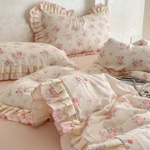 BuLuTu Pink Floral Princess Duvet Cover Set King Size, Vintage Farmhouse Style Lace Ruffled Comforter Cover with Zipper and 4 Ties, 100% Cotton Muslin Bedding Set King for Girls Women