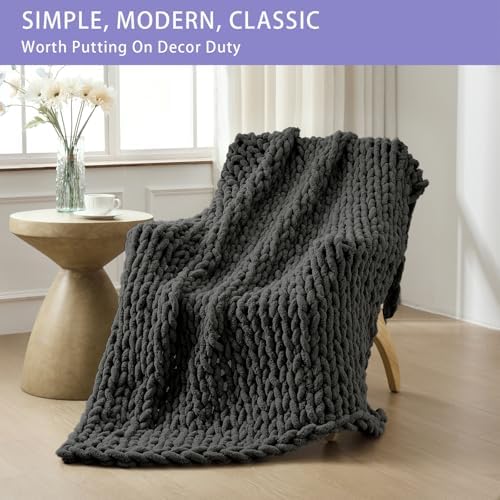 Bigacogo Chunky Knit Throw Blanket for Couch, 40x80 inches, Dark Grey