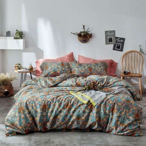 Green Flower Duvet Cover Set Twin,Aesthetic Boho Bedding Set Percale Cotton Royal Floral Comforter Cover with Zipper Closure