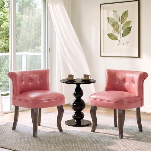 WUTUTUEE Leather Vanity Chair with Back, Tufted Upholstered Vanity Stool with Solid Wood Legs, Mid Century Small Makeup Chair for Vanity, Accent Chair for Bedroom, Living Room, Pink