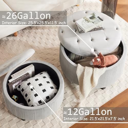 29'' & 24.5'' Round Storage Ottoman Coffee Table Set of 2, Light Gray