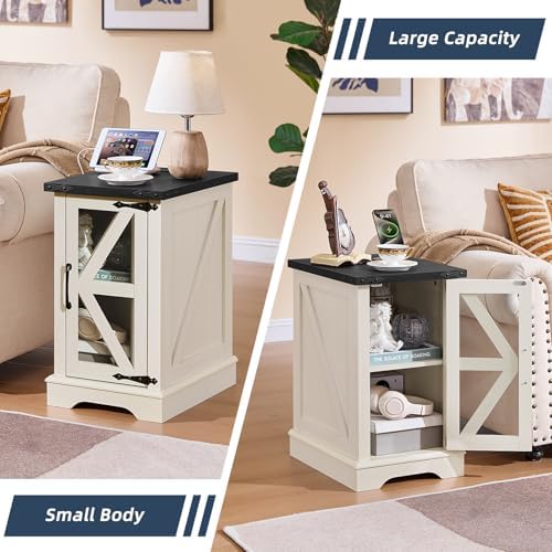 Joaxswe Narrow Night Stand with Charger Station, Glass Barn Door