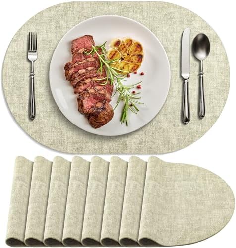 Faux Leather Oval Placemats Set of 8, Sage Green