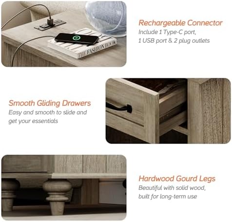 WAMPAT End Table with Charging Station, Grey Side Table with Storage Cabinet & Drawer, Wooden Nightstand with Power Outlets & Type-C USB Ports for Bedroom, Living Room