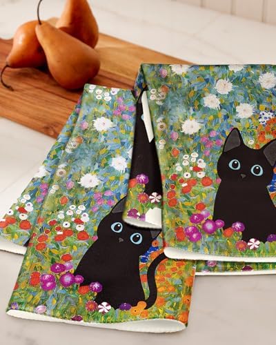 Miss Adola Cute Kitchen Towels Set of 2, 18 x 26 Inch, Black Cat Flower
