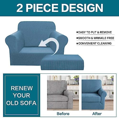 2 Piece Chair Covers Chair Slipcovers For Living Room Armchair Sofa Covers Chair Couch Cover with Arms Washable Furniture Protector for Chairs 85% polyester, 15% Spandex Fabric (Chair,DustyBlue)