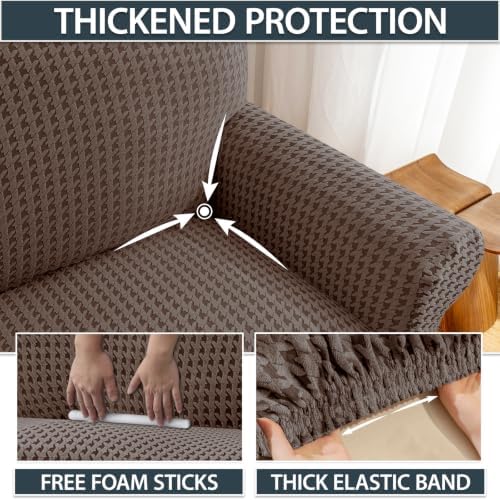 ZNSAYOTX 1 Piece Stretch Chair Slipcover with Arms (34"-44") New-Houndstooth Texture, Thick Armchair Covers for Living Room Universal Chair Slip Cover with Elastic Bottom & Buckle, Brown