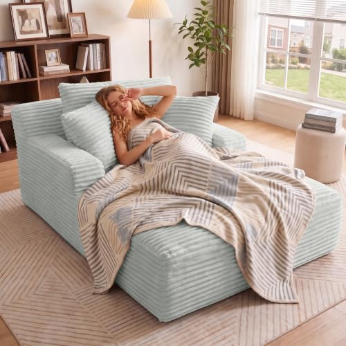 66" Chaise Lounge Chair Indoor, Corduroy Upholstered Reading Chair Oversized Boneless Chair with Deep Seat, Cloud Lounge Chair with 3 Pillows for Living Room, Bedroom, No Assembly Required