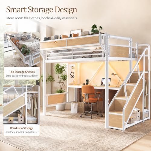 Twin XL Size Metal Loft Bed Frame with Staircase & Built-in Desk & Wardrobe, Loft Bed with Pegboard & Mesh Storage Baskets & Slats, No Box Spring Required, Easy Assembly, for Bedroom, White