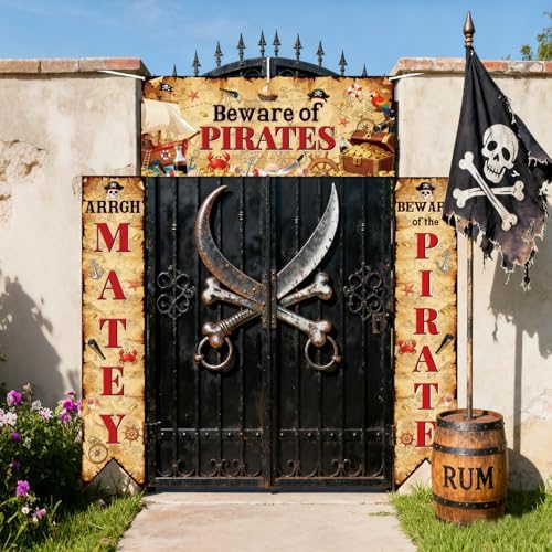 CUTHOLLOW 3Pcs Beware of Pirates Decorations Porch Sign Banner