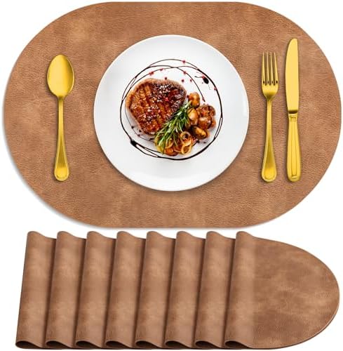 ADRIMER Oval Placemats Set of 8, Wipeable Faux Leather, Sandy Light Brown