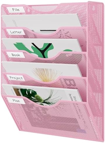 EasyPAG Wall File Organizer 5 Tier Hanging Paper Folder Holder, Zero Assembly Metal Mesh Wall Mounted Mail Organizer for Office Home Classroom Narrow Spaces, Pink