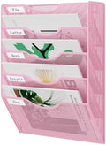 EasyPAG Wall File Organizer 5 Tier Hanging Paper Folder Holder, Zero Assembly Metal Mesh Wall Mounted Mail Organizer for Office Home Classroom Narrow Spaces, Pink