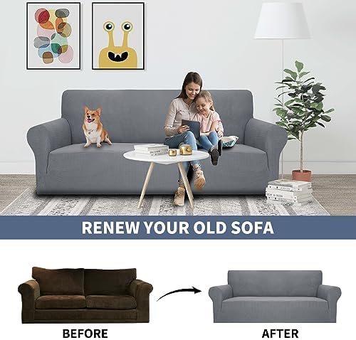 JIVINER Super Stretch Chair Sofa Slipcovers 1-Piece Jacquard Chair Covers for Living Room Soft Anti Slip 1 Seater Couch Furniture Protector Small Checks for Kids Pets (Chair, Light Gray)
