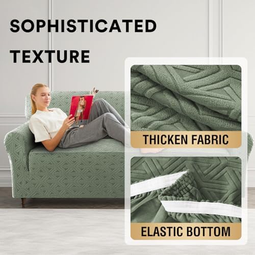 PrinceDeco Jacquard Couch Covers for 3 Cushion Couch 1 Piece Stretch Sofa Covers Furniture Protector Anti-Slip Soft Thickened Dogs Slipcovers Washable Diamond Pattern(Sofa, Sea Grass)