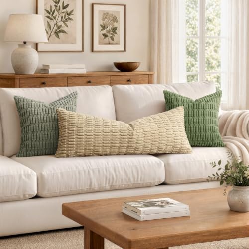 MIULEE Lumbar Corduroy Throw Pillow Cover for Bed 14x36 Tan