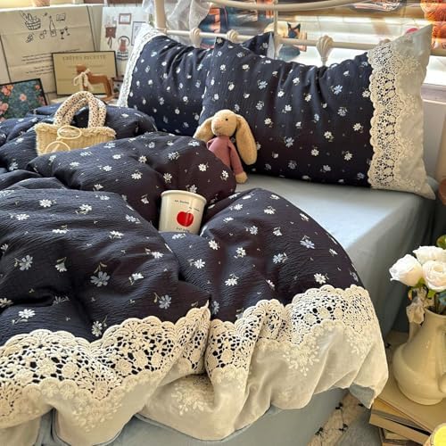 Queen Size Duvet Cover 90"×90",Floral Ruffled Bedding Set 3 Pcs