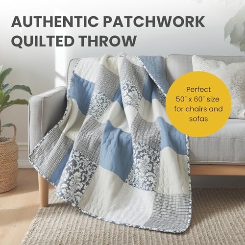 SLPR - Cotton Quilted Throw Blanket, 50" x 60" Blue Patchwork, Sweet Dreams