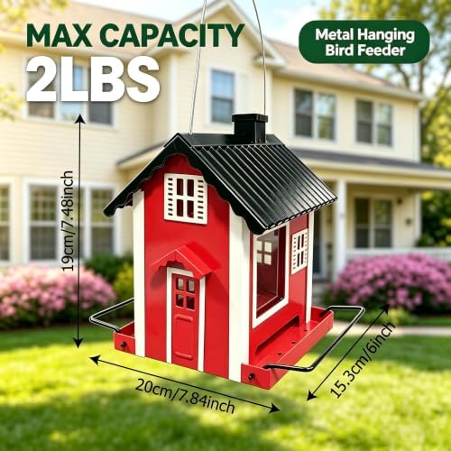 WENYLE Bird Feeders for Outdoors Hanging, Heavy Duty Metal Weatherproof Wild Bird Feeder, House Shape with Drain Holes, 2LB Capacity for Garden Yard