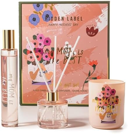 Hidden Label Soy Candle Set: Geranium & Rose 'Best Mom' Gift with Reed Diffuser & Room Spray