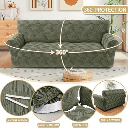 JIVINER 1 Piece Couch Cover for 2 Cushion Couch, High Stretch Loveseat Covers with Elastic Bottom, Washable Sofa Slipcovers for Dog, Pets Feature Geometrical Jacquard Fabric (Loveseat, Army Green)