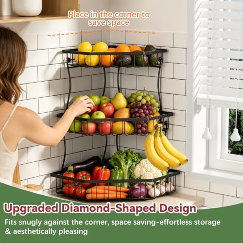 3 Tier Fruit Basket for Kitchen Counter with 2 Banana Hangers for Corner