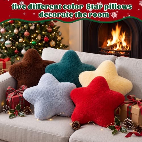 Soaoo 5 Pcs Star Fluffy Pillow Star Shape Pillow, Christmas Earth Tones