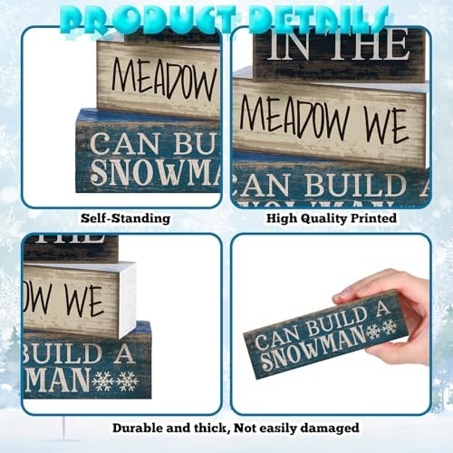 Yuntau 4 Pcs Winter Table Decoration Blue Snowman Decor Wooden Block Sign