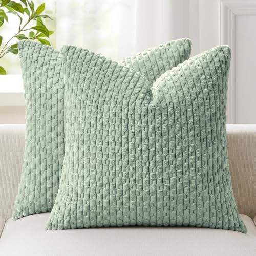 Kevin Textile Soft Corduroy 18x18 Inch Pillow Covers 2 Pack, Grey Green
