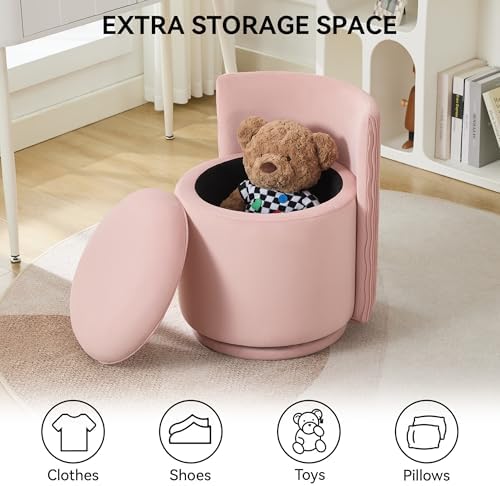 WUTUTUEE Velvet Vanity Chair with Storage, 360° Swivel Makeup Chair with Wave Back, No Assembly Small Accent Stool for Bedroom, Dressing, Living Room, Pink