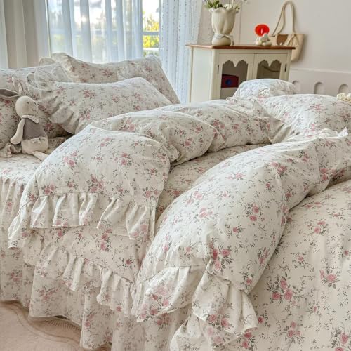 Floral Ruffled Duvet Cover Queen Size 3 Pcs Set,90"×90" Bedding