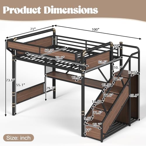Queen Size Metal Loft Bed Frame with Staircase & Built-in Desk & Wardrobe, Loft Bed with Pegboard & Mesh Storage Baskets & Slats, No Box Spring Required, Easy Assembly, for Bedroom, Black
