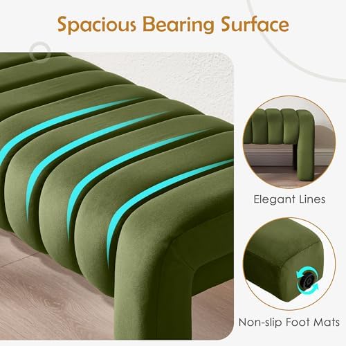 63" Bedroom Bench, Upholstered Entryway Bench, Modern End of Bed Ottoman with Solid Wood Legs and Adjustable Foot Pegs for Entryway, Dining Room and Living Room (Green Velvet)